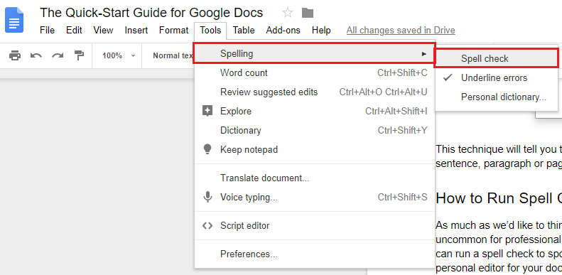 google docs spell check